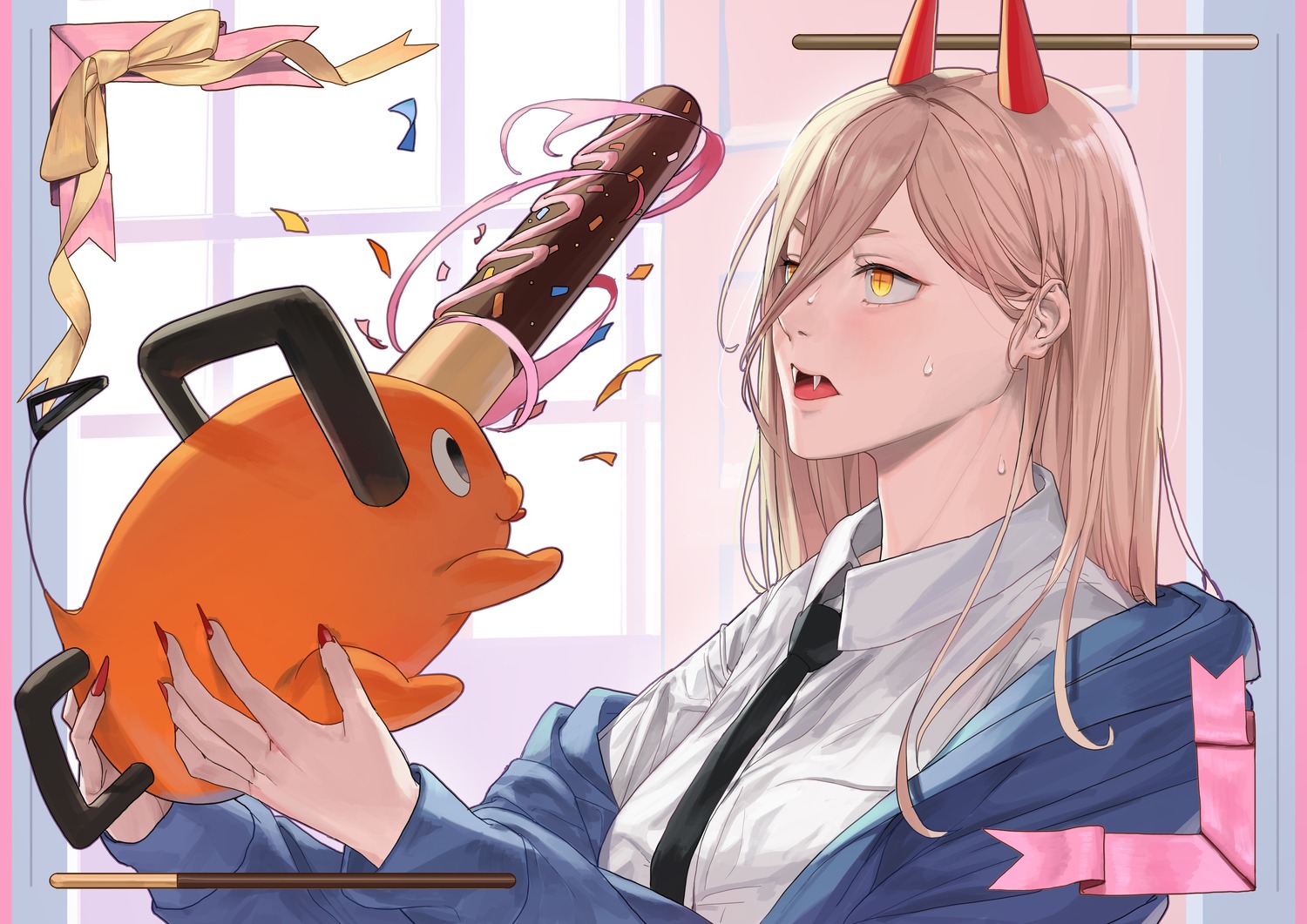 chainsaw_man, dress_shirt, horns, let_ssa, pochita_(chainsaw_man), power_(chainsaw_man)