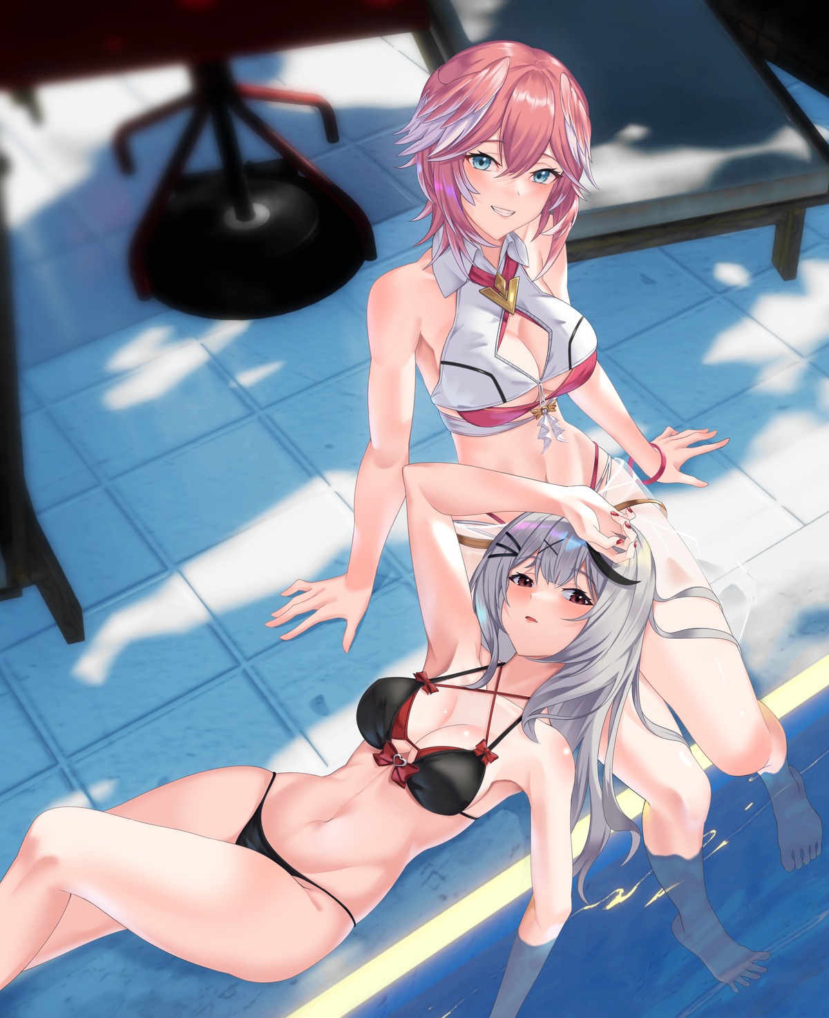 apple_t_(ringotyasan), bikini, cleavage, hololive, sakamata_chloe, swimsuits, takane_lui, wet, wings