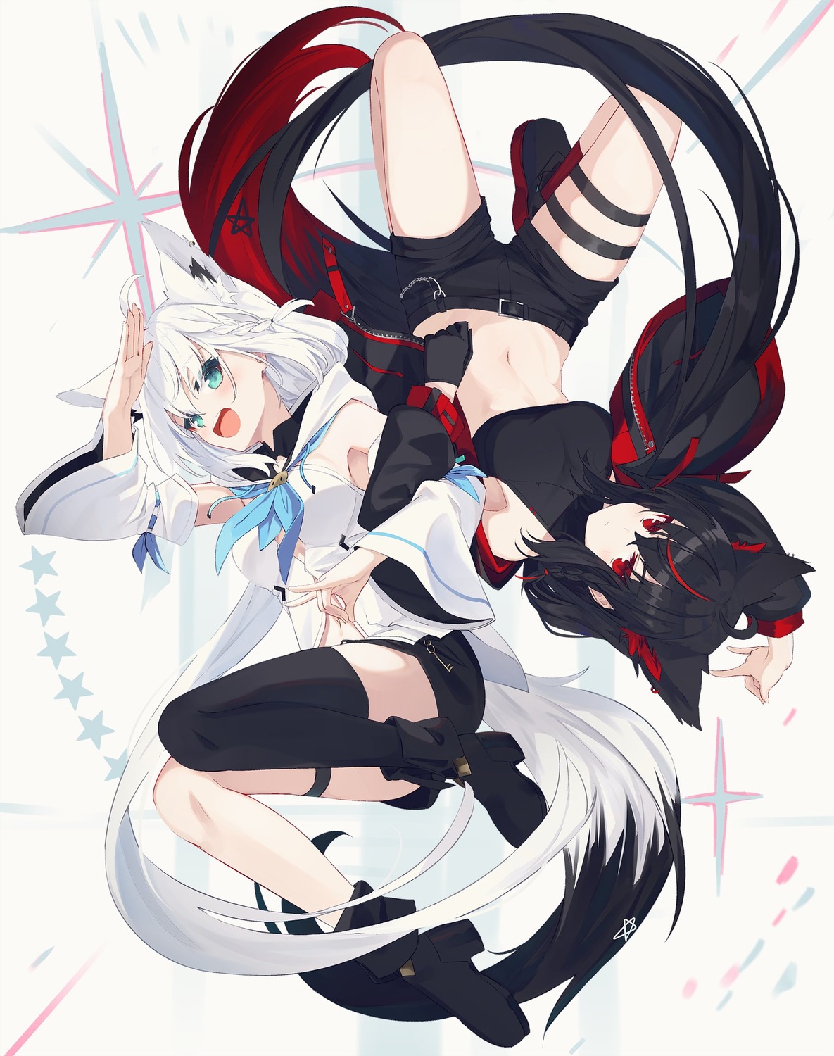 animal_ears, garter, hololive, hololive_gamers, kitsune, kurokami_fubuki, nagishiro_mito, no_bra