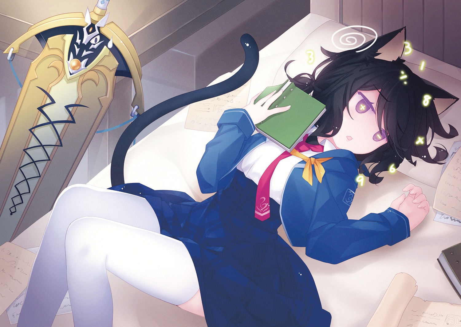 animal_ears, fran_(tenken), nekomimi, ruroo, seifuku, shishou_(tenken), skirt_lift, sword, tail, tensei_shitara_ken_deshita, thighhighs