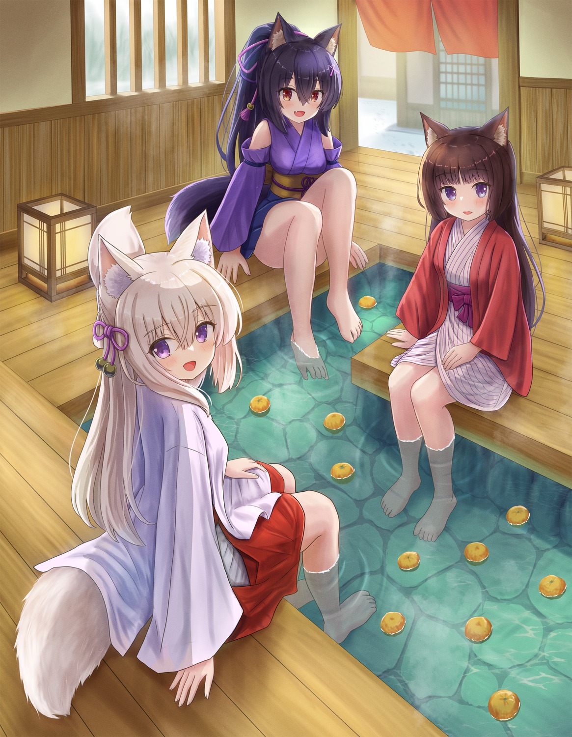 animal_ears, iroha_(iroha_matsurika), japanese_clothes, kitsune, miko, onsen, tail, wet