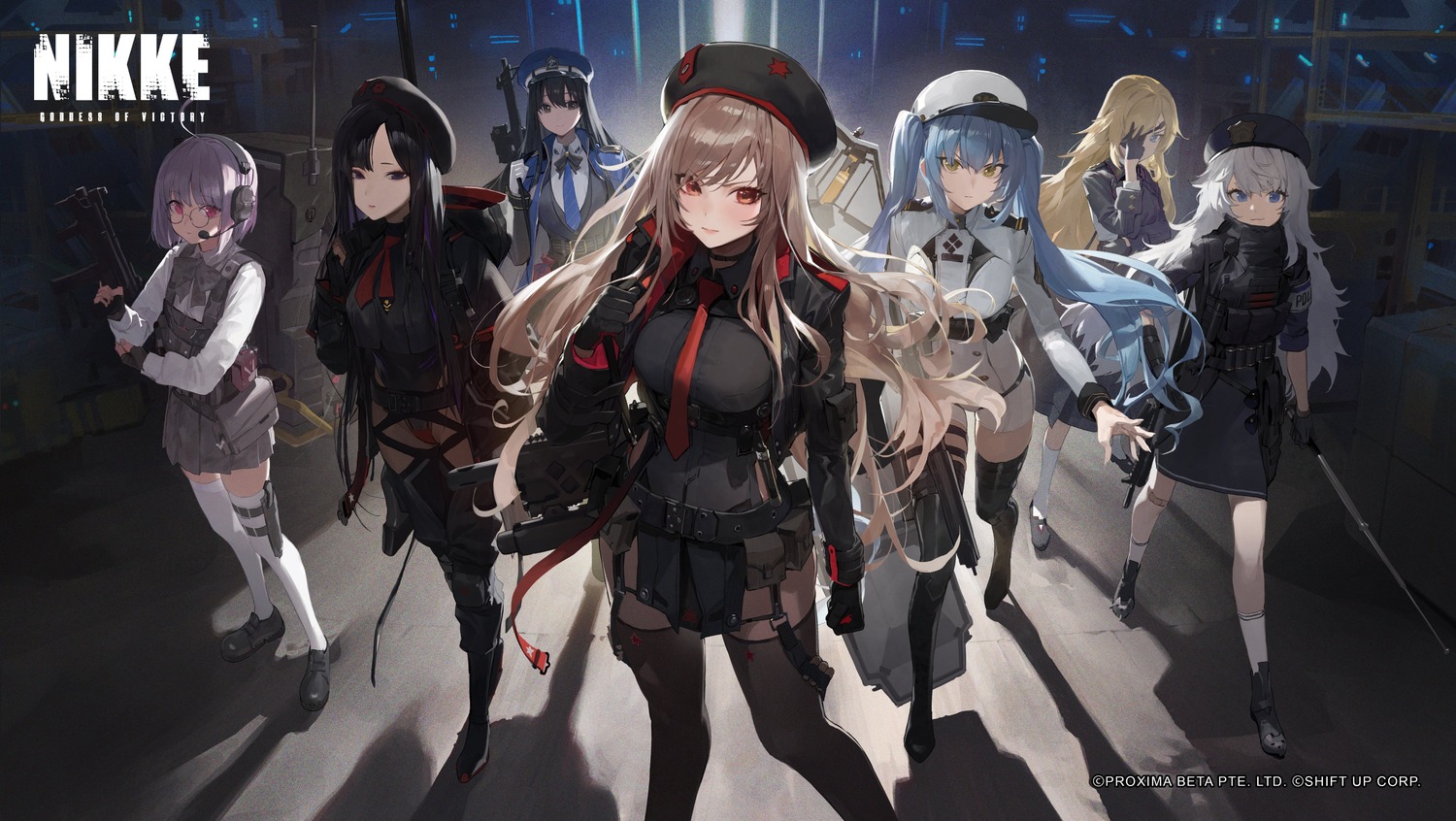 diesel_(nikke), eunhwa, eyepatch, garter, goddess_of_victory:_nikke, guillotine_(nikke), gun, headphones, megane, modare, poli, privaty, rapi_(nikke), signal_(nikke), stockings, thighhighs, uniform, weapon