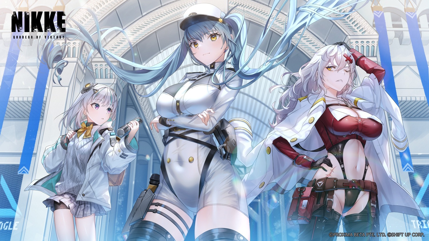 admi_(nikke), bike_shorts, breast_hold, cleavage, garter, goddess_of_victory:_nikke, katase_bono, leotard, privaty, seifuku, sweater, thighhighs, uniform, yulha_(nikke)