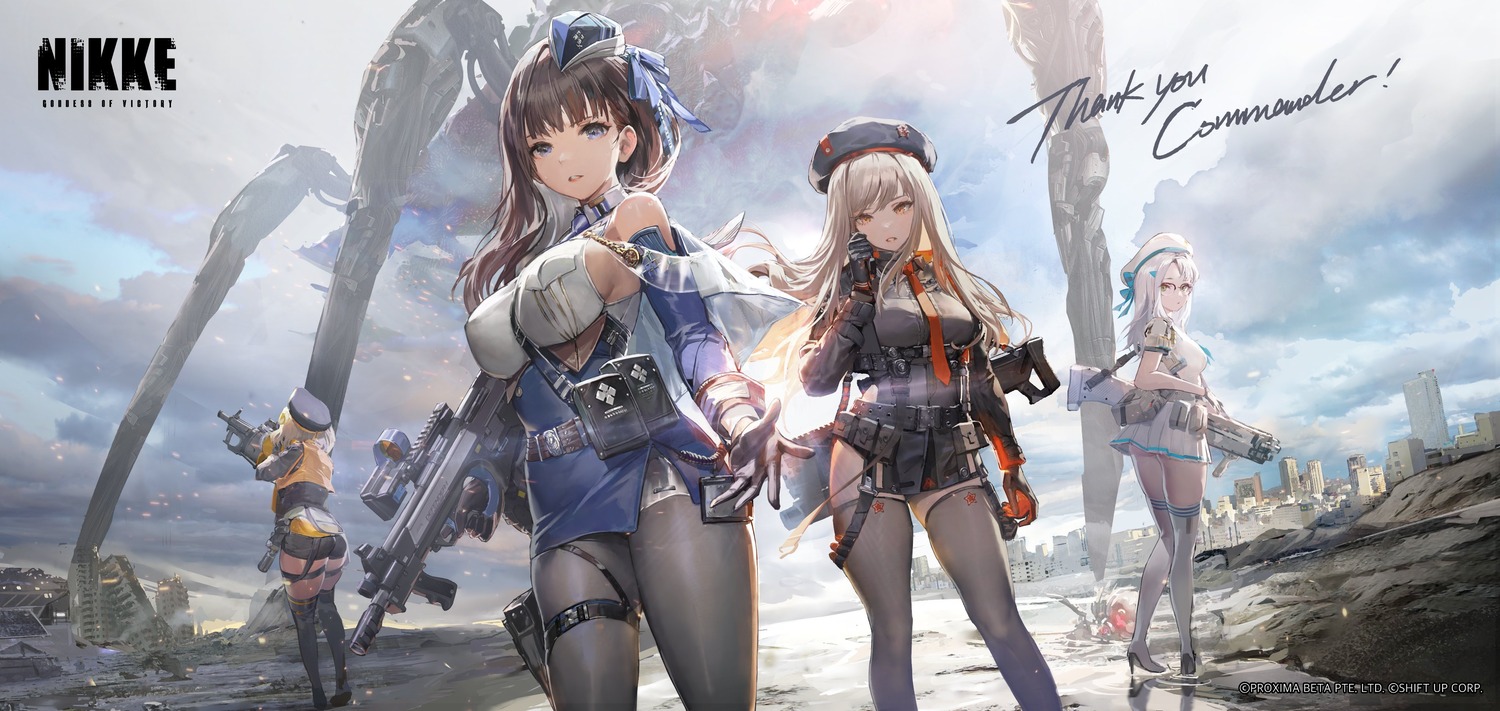 anis, ass, garter, goddess_of_victory:_nikke, gun, heels, marian_(nikke), messikid, neon_(nikke), pantyhose, rapi_(nikke), thighhighs, uniform