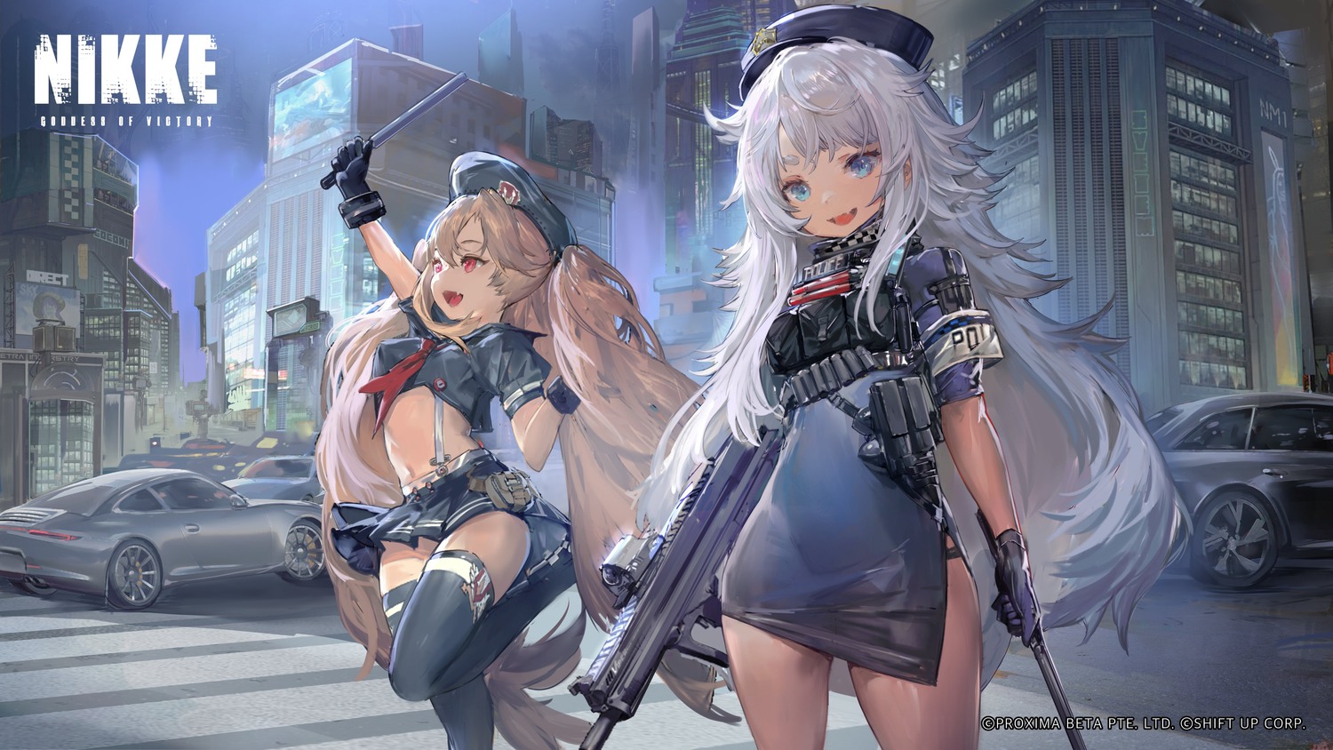 dress, goddess_of_victory:_nikke, gun, messikid, miranda_(nikke), poli, police_uniform, thighhighs, uniform, weapon