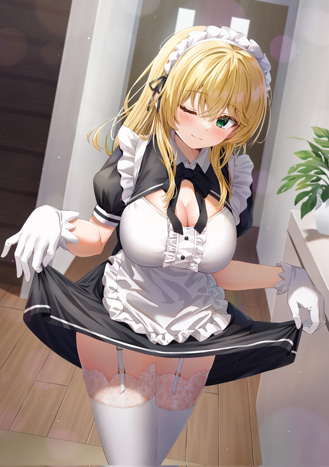 cleavage, kuria_(clear_trip_second), maid, omiai_shitakunakatta_node_murinandai_na_jouken_wo_tsuketara_doukyuusei_ga_kita_ken_ni_tsuite, skirt_lift, stockings, thighhighs, yukishiro_arisa