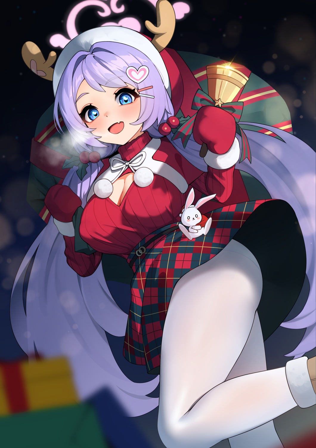 asagao_hanae, blue_archive, christmas, cleavage, ett, halo, horns, pantsu, pantyhose, skirt_lift, sweater