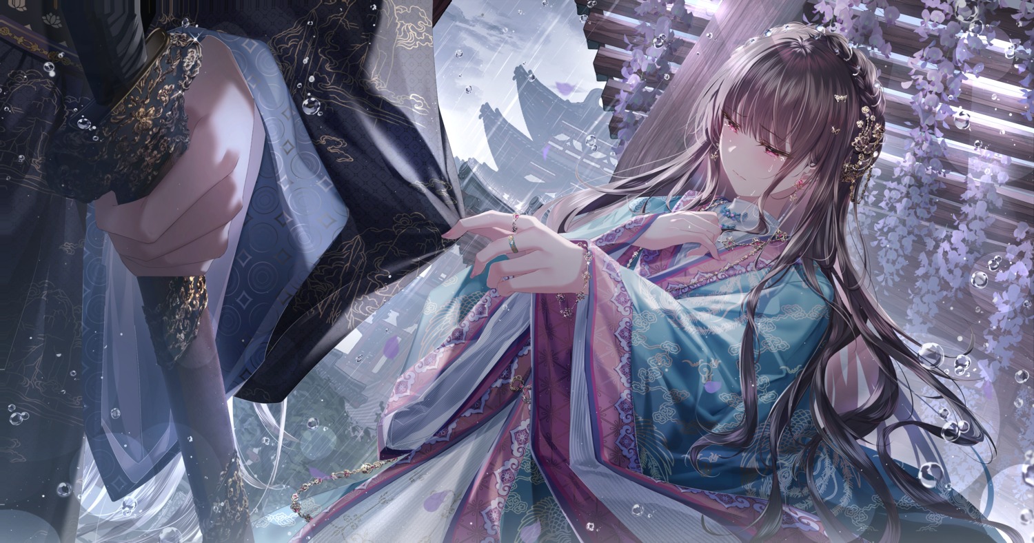 asian_clothes, junpaku_karen, sword, wet