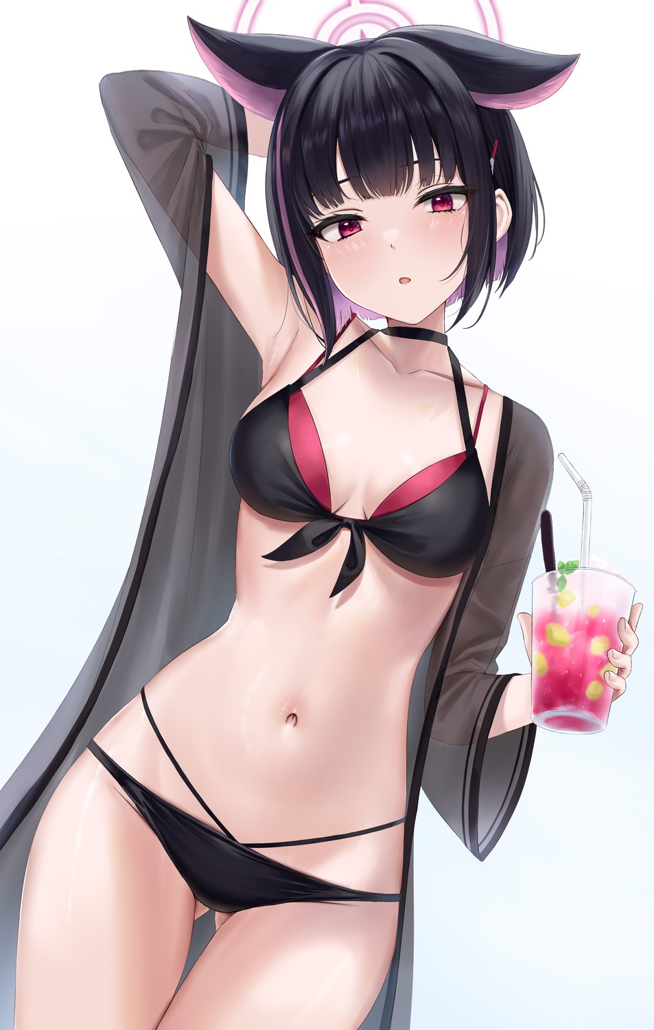 animal_ears, bikini, blue_archive, halo, kyouyama_kazusa, nekomimi, open_shirt, rama_(yu-light8)