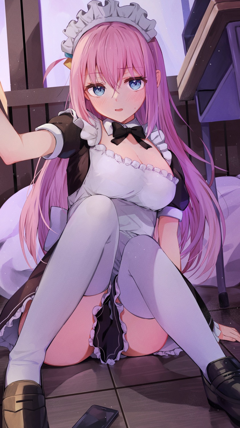 bocchi_the_rock!, gotou_hitori, maid, no_bra, racchi., thighhighs