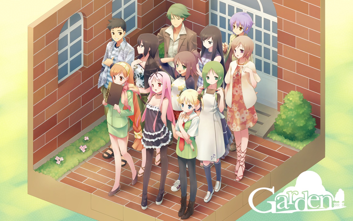 cuffs, dress, garden, gayarou, hiiragi_ayaka, himemiya_ruri, hoshino_erika, kasuga_nadeshiko