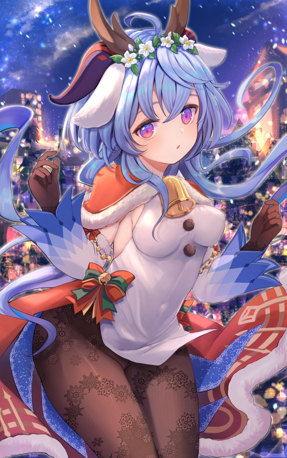 animal_ears, christmas, dress, ganyu, genshin_impact, horns, marekamico, no_bra, pantyhose, skirt_lift