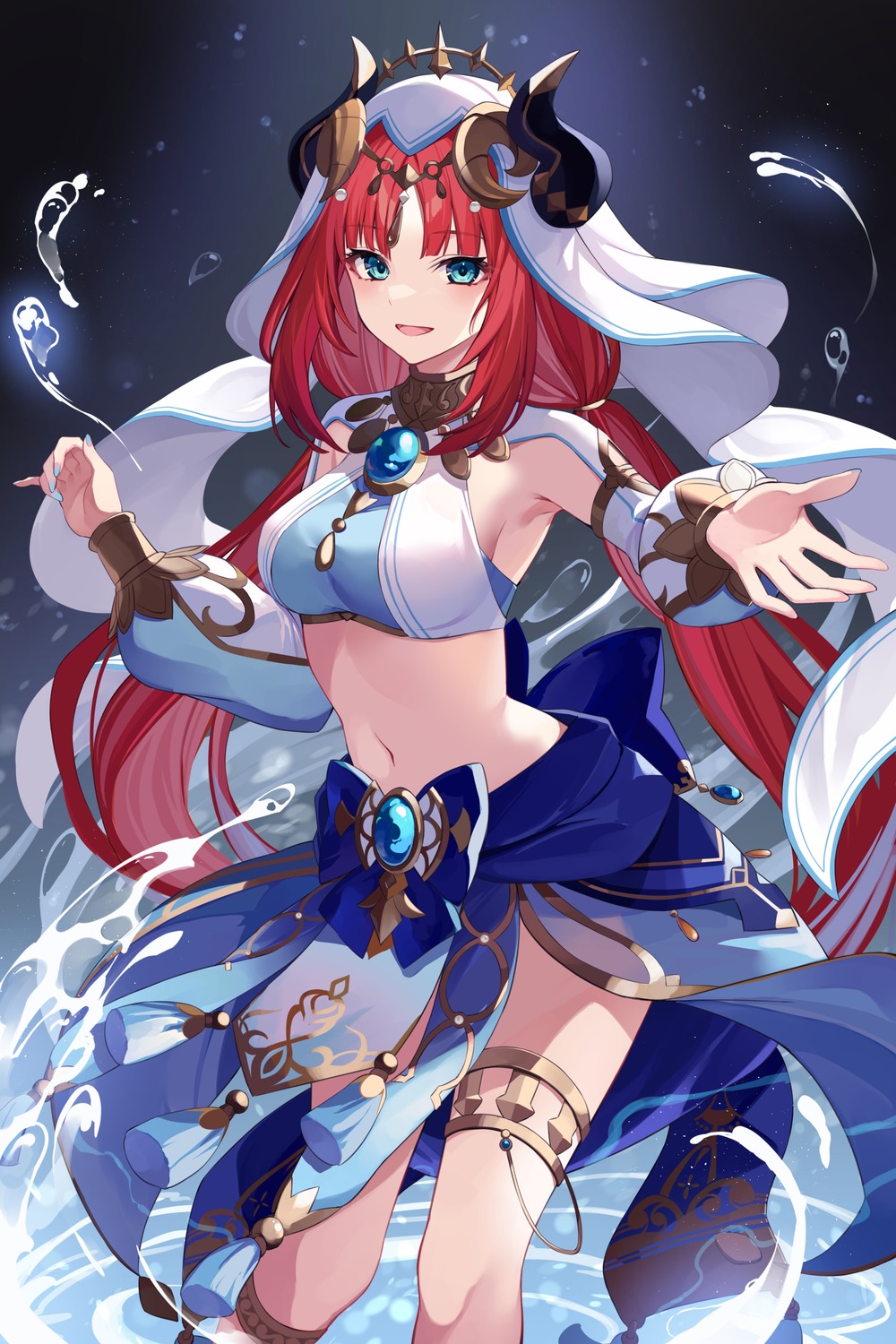 garter, genshin_impact, horns, nilou, no_bra, see_through, takehana_note