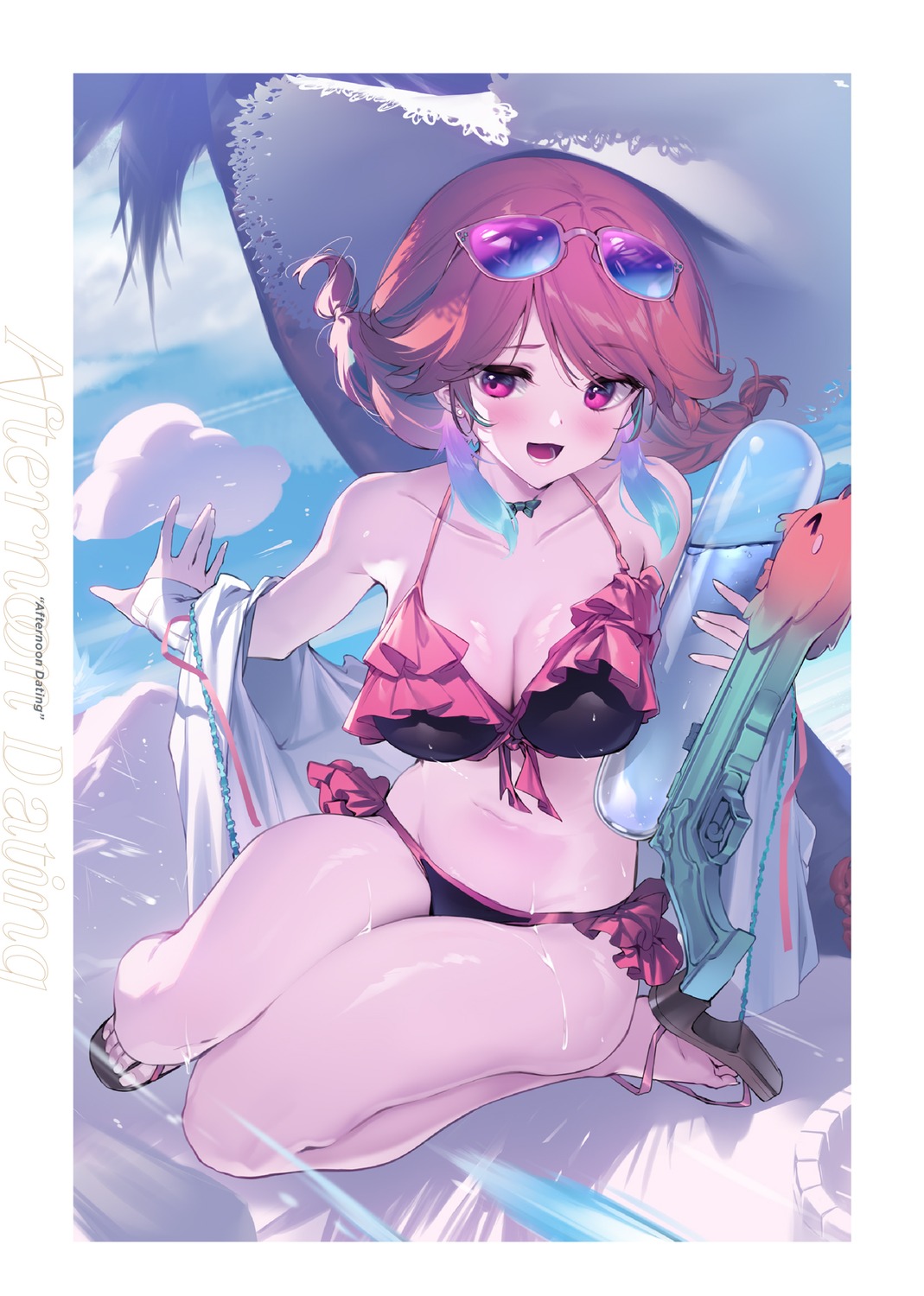 bikini, gun, hololive, hololive_english, megane, open_shirt, swimsuits, takanashi_kiara