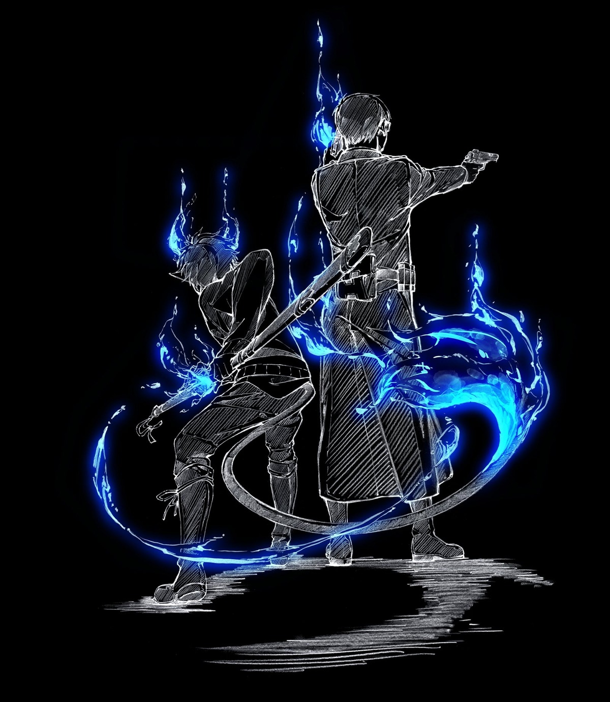 ao_no_exorcist, gun, male, okumura_rin, okumura_yukio, oohigashi_yurie, sword