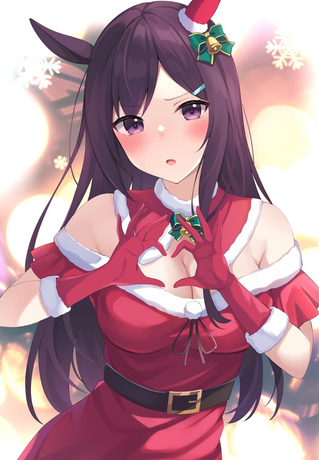 animal_ears, christmas, cleavage, decision5021, dress, mejiro_dober_(umamusume), no_bra, uma_musume_pretty_derby