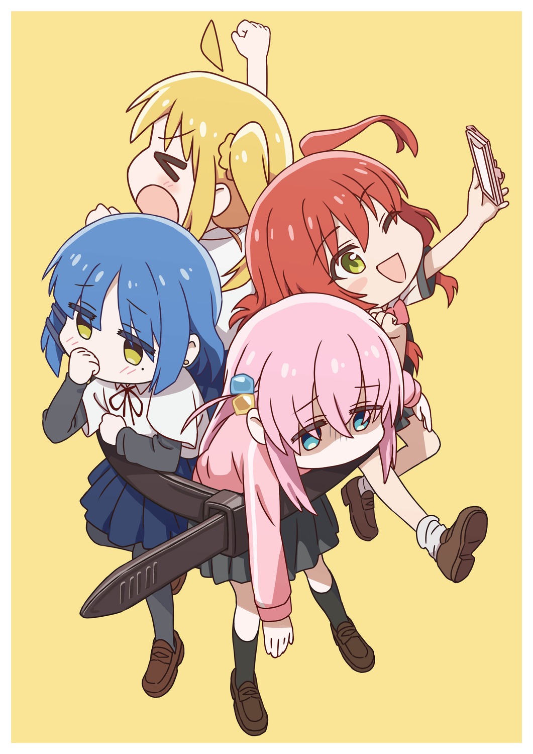 akita_ayumu, bocchi_the_rock!, chibi, gotou_hitori, guitar, gym_uniform, ijichi_nijika, kita_ikuyo, pantyhose, seifuku, selfie, yamada_ryou