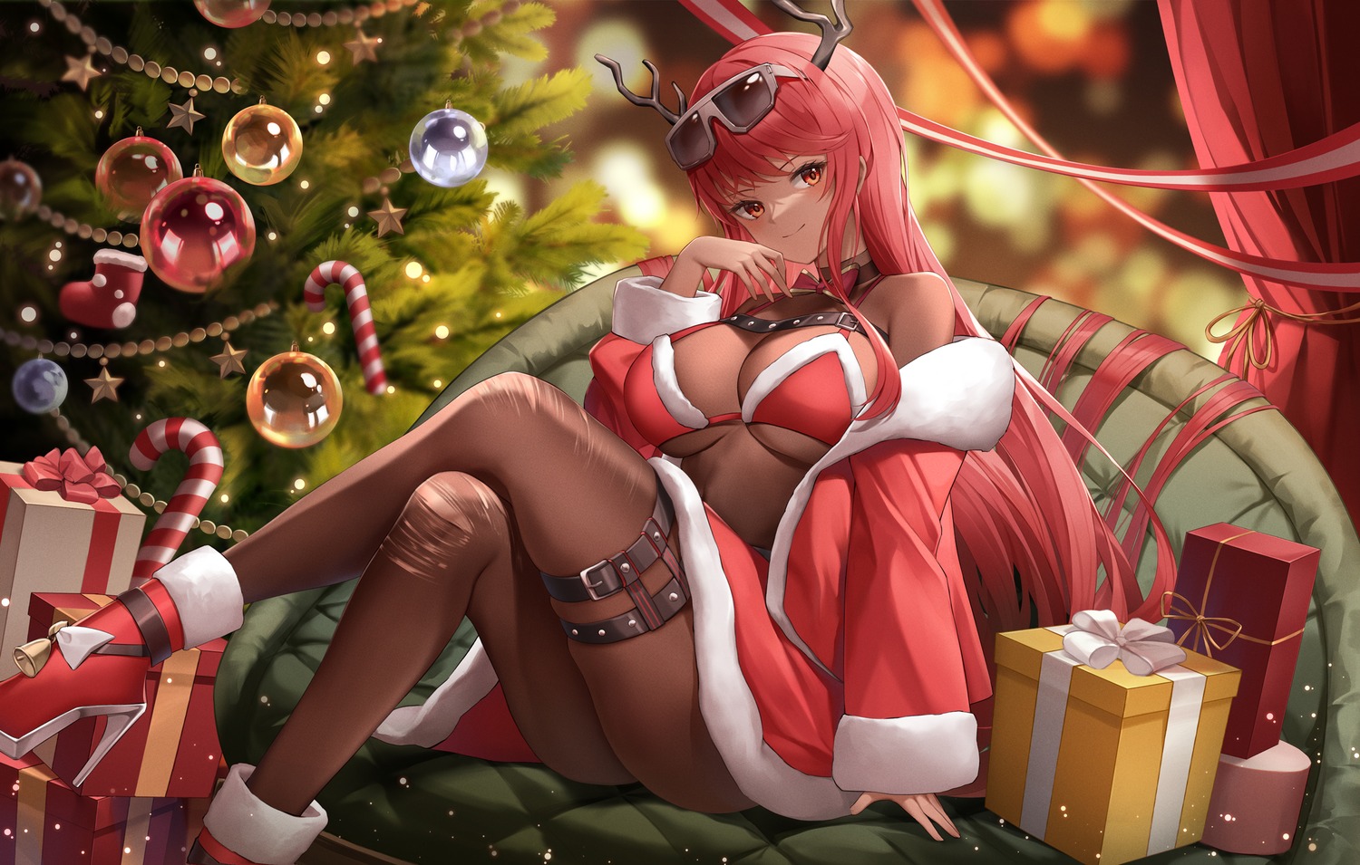 bodysuit, bra, christmas, garter, goddess_of_victory:_nikke, heels, horns, lunacle, megane, torn_clothes, volume_(nikke)