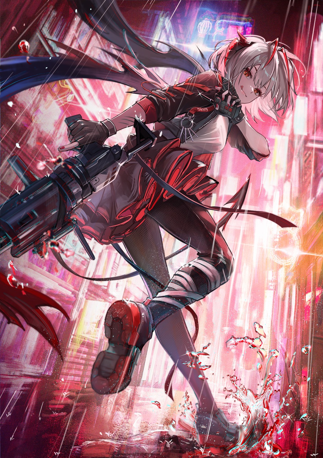 arknights, bandages, gun, horns, kyusoukyu, pantyhose, tail, w_(arknights)