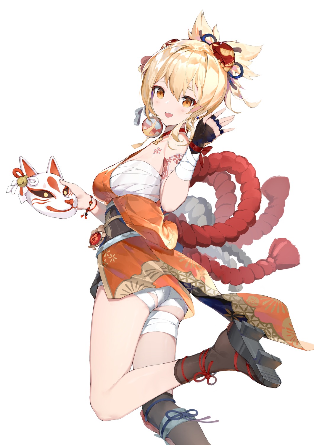ass, bandages, bodhi_wushushenghua, genshin_impact, japanese_clothes, sarashi, skirt_lift, tattoo