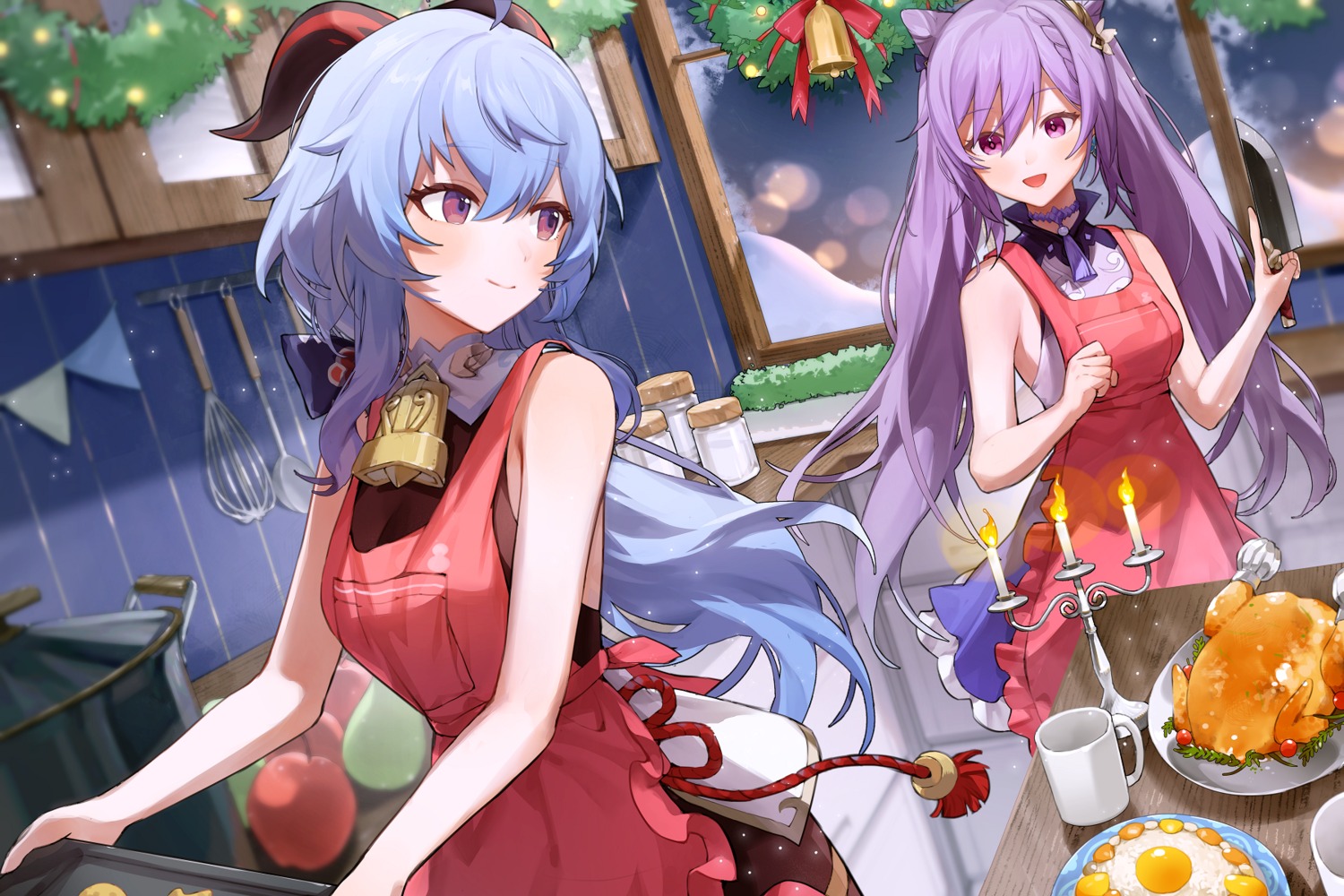 christmas, g_li, ganyu, genshin_impact, horns, keqing