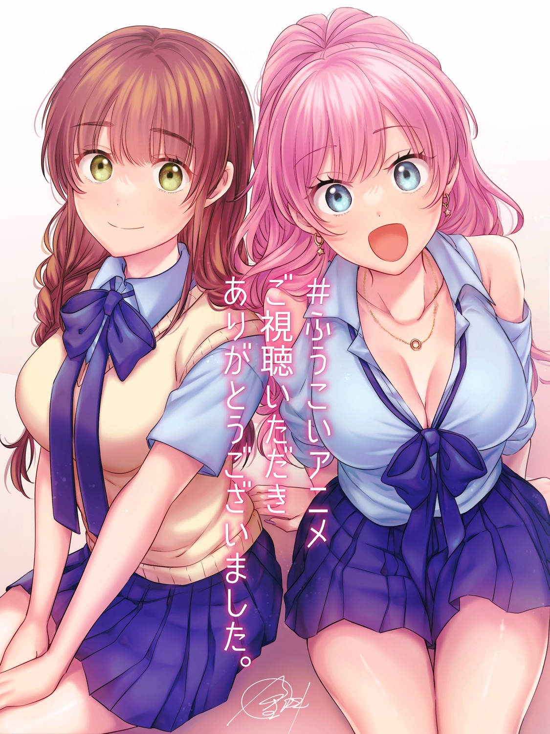 cleavage, fuufu_ijou_koibito_miman, kanamaru_yuki, no_bra, open_shirt, sakurazaka_shiori, seifuku, sweater