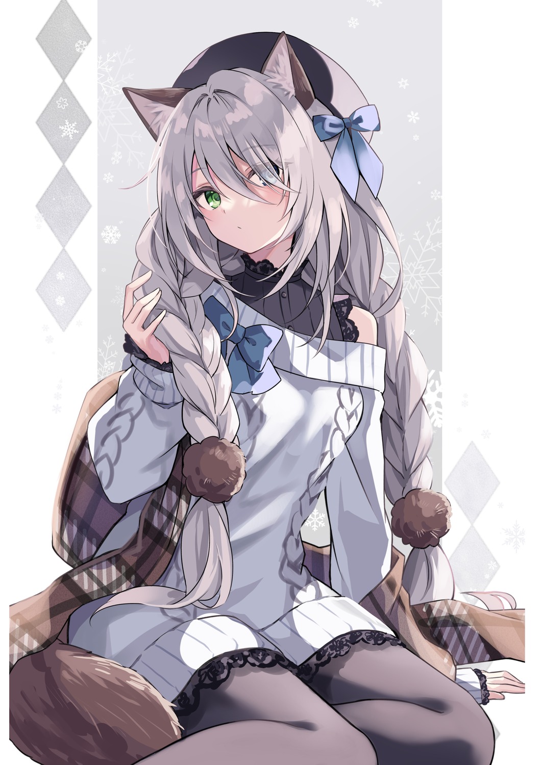 animal_ears, crerp, dress, heterochromia, nekomimi, pantyhose, sweater, tail