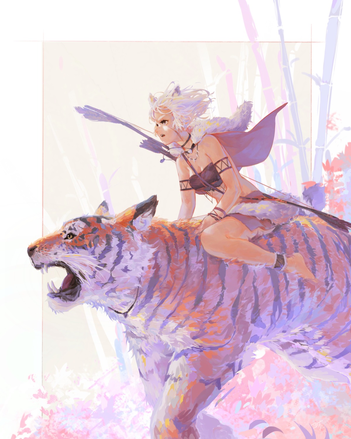 animal_ears, cleavage, feet, felix_thirasat, no_bra, tail, weapon