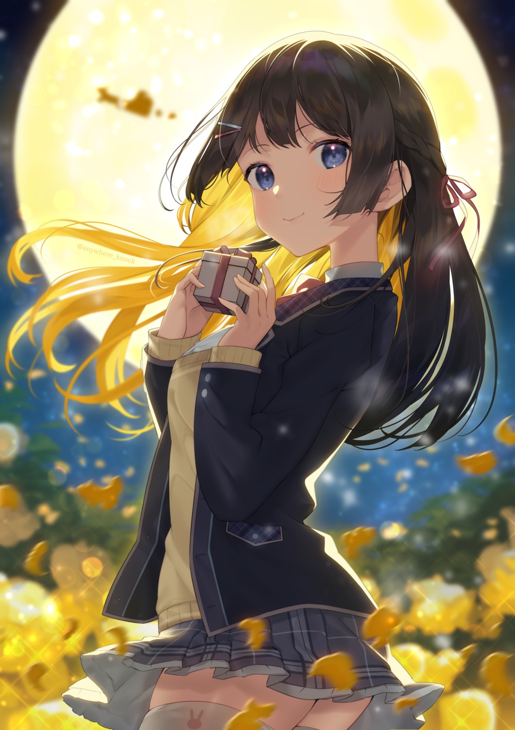 anywhere_knock, christmas, nijisanji, seifuku, skirt_lift, sweater, thighhighs, tsukino_mito