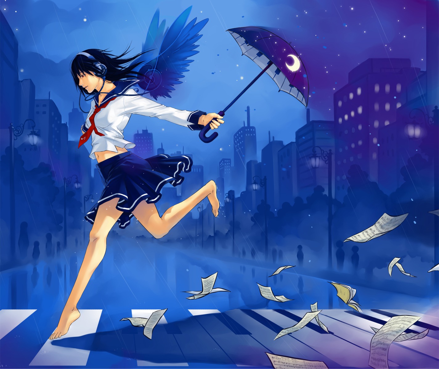 feet, headphones, landscape, qinni, seifuku, umbrella