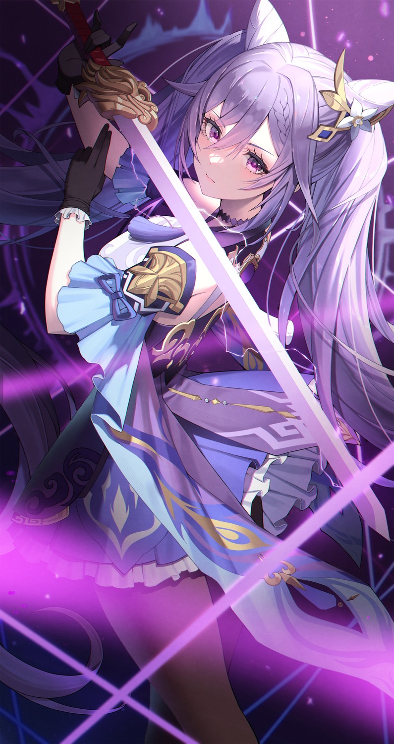 asian_clothes, genshin_impact, keqing, pantyhose, sword, yuri_(chocho_q)