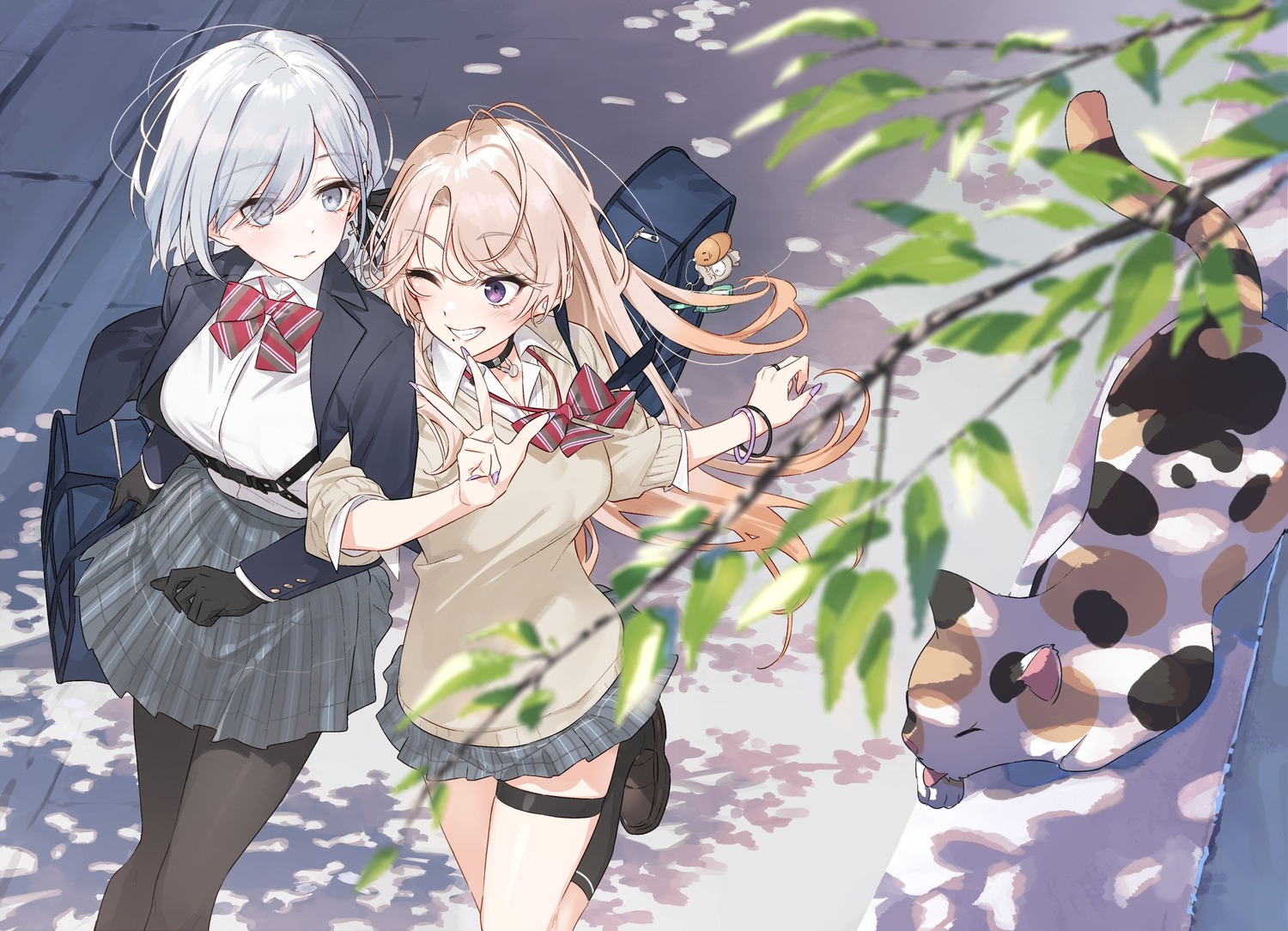 garter, hayashi_kewi, neko, pantyhose, pointy_ears, seifuku, sweater, yuri