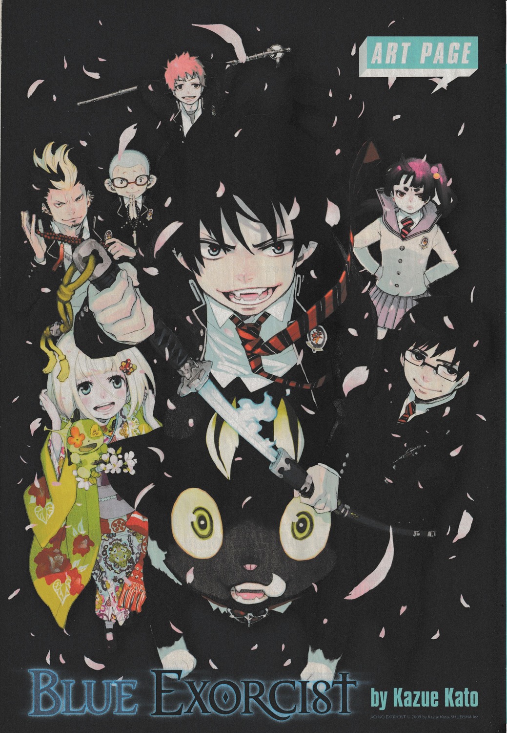 ao_no_exorcist, kamiki_izumo, katou_kazue, kimono, kuro_(ao_no_exorcist), megane, moriyama_shiemi, okumura_rin