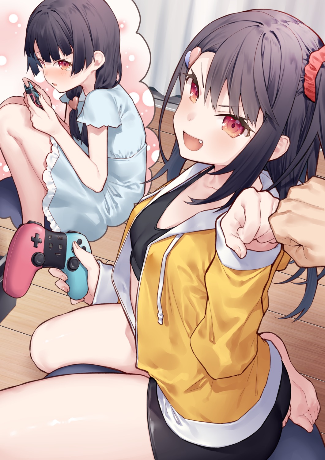 bike_shorts, bra, dress, feet, open_shirt, tokuno_yuika