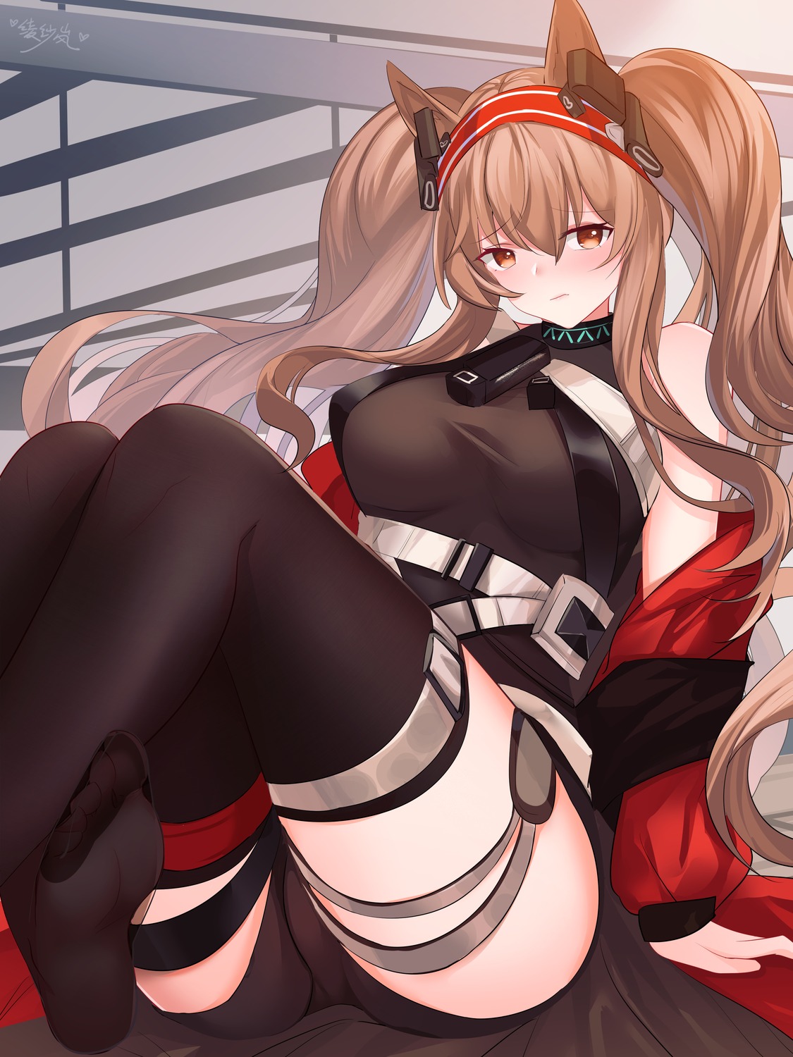 angelina_(arknights), animal_ears, arknights, feet, garter, lingshalan, thighhighs