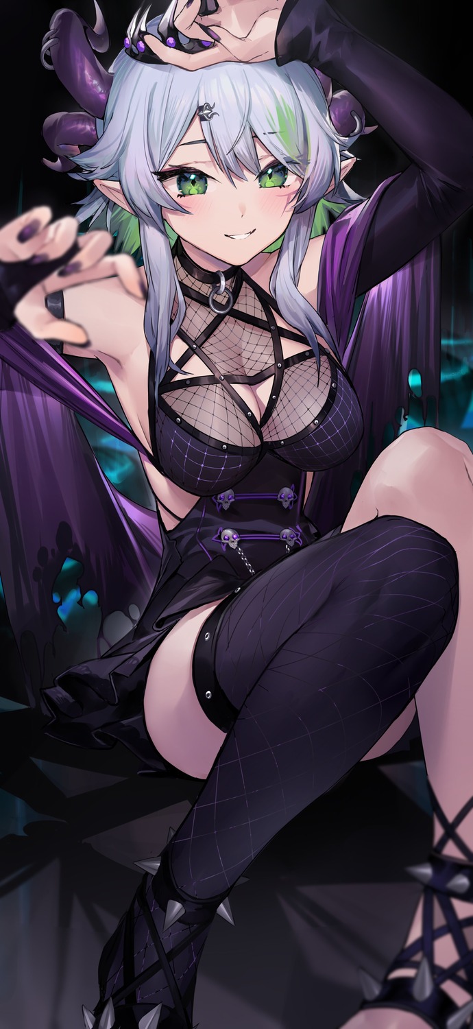 apricot_(froot), fishnets, horns, neonbeat, pointy_ears, see_through, thighhighs, vshojo