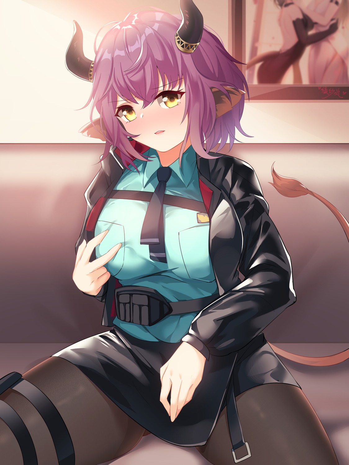animal_ears, arknights, breast_grab, garter, horns, lingshalan, pantyhose, sideroca_(arknights), tail