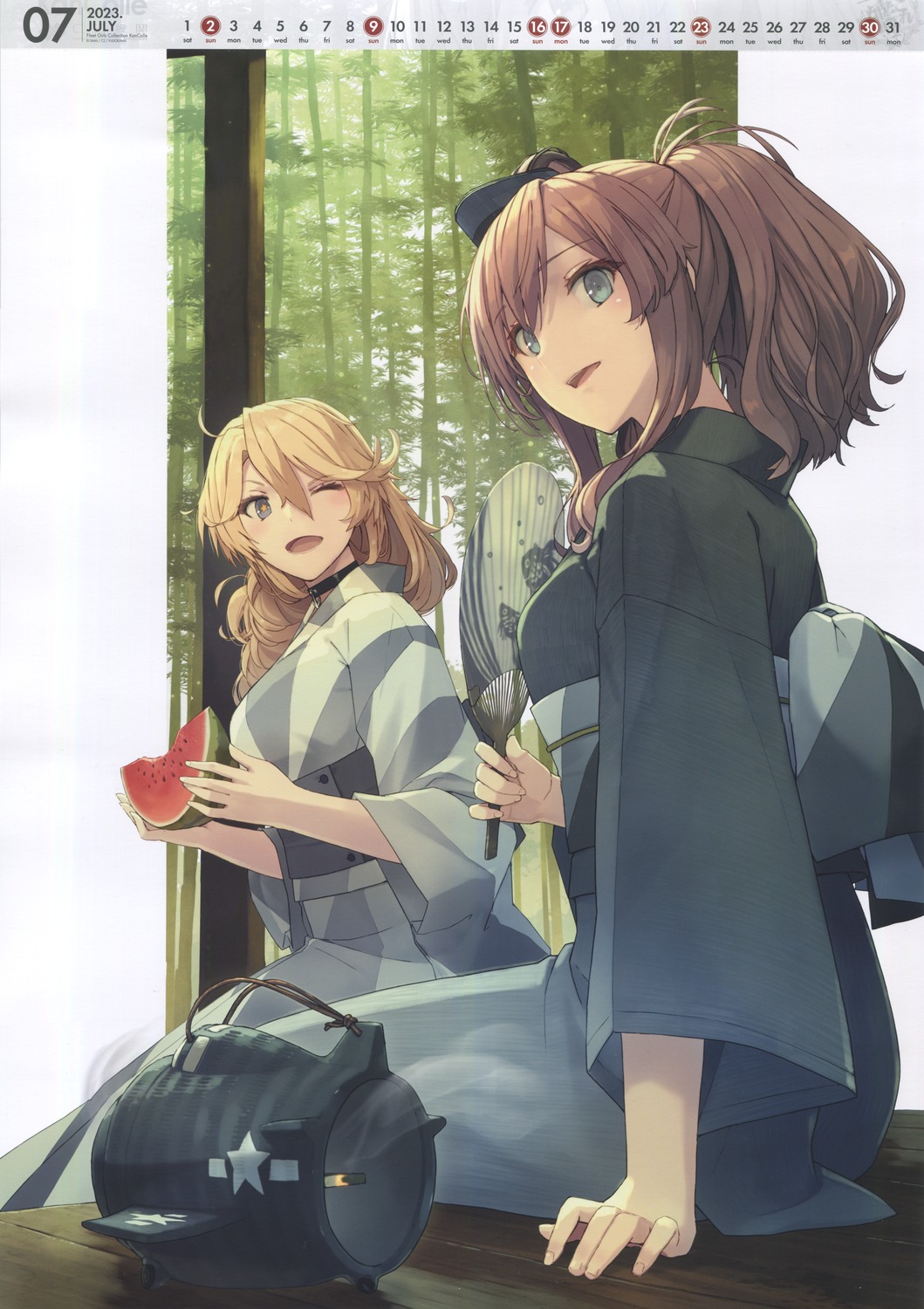 calendar, iowa_(kancolle), kantai_collection, saratoga_(kancolle), shizuma_yoshinori, yukata
