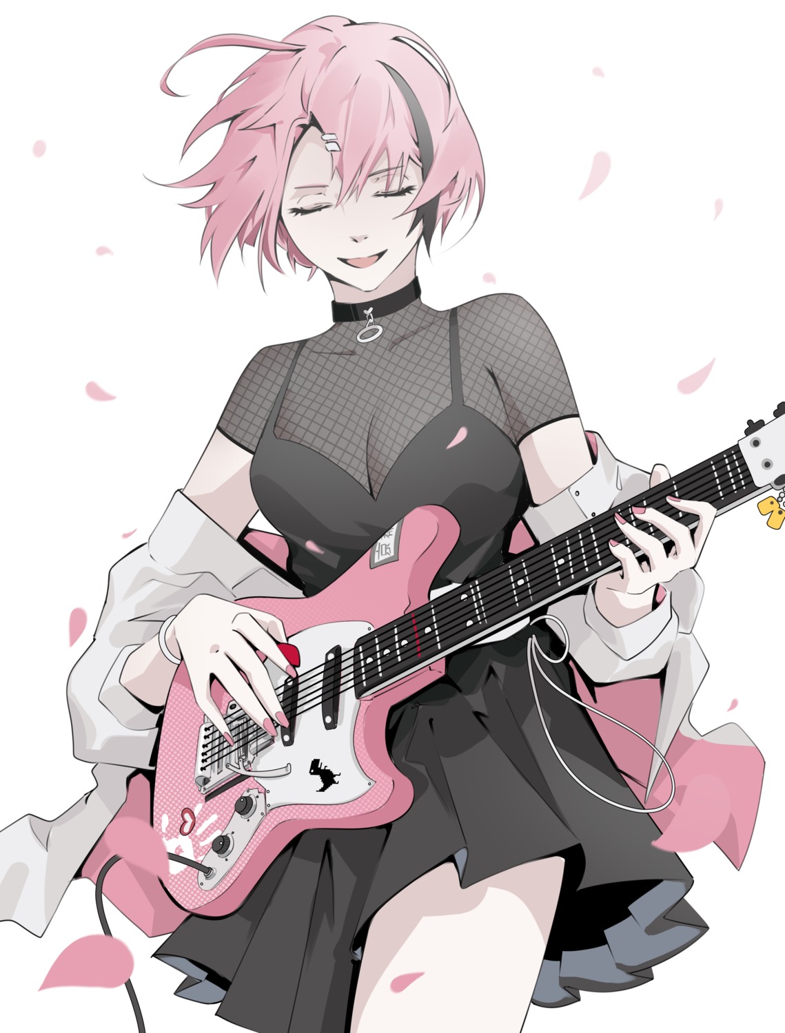 cleavage, fishnets, guitar, khrnnfz, see_through