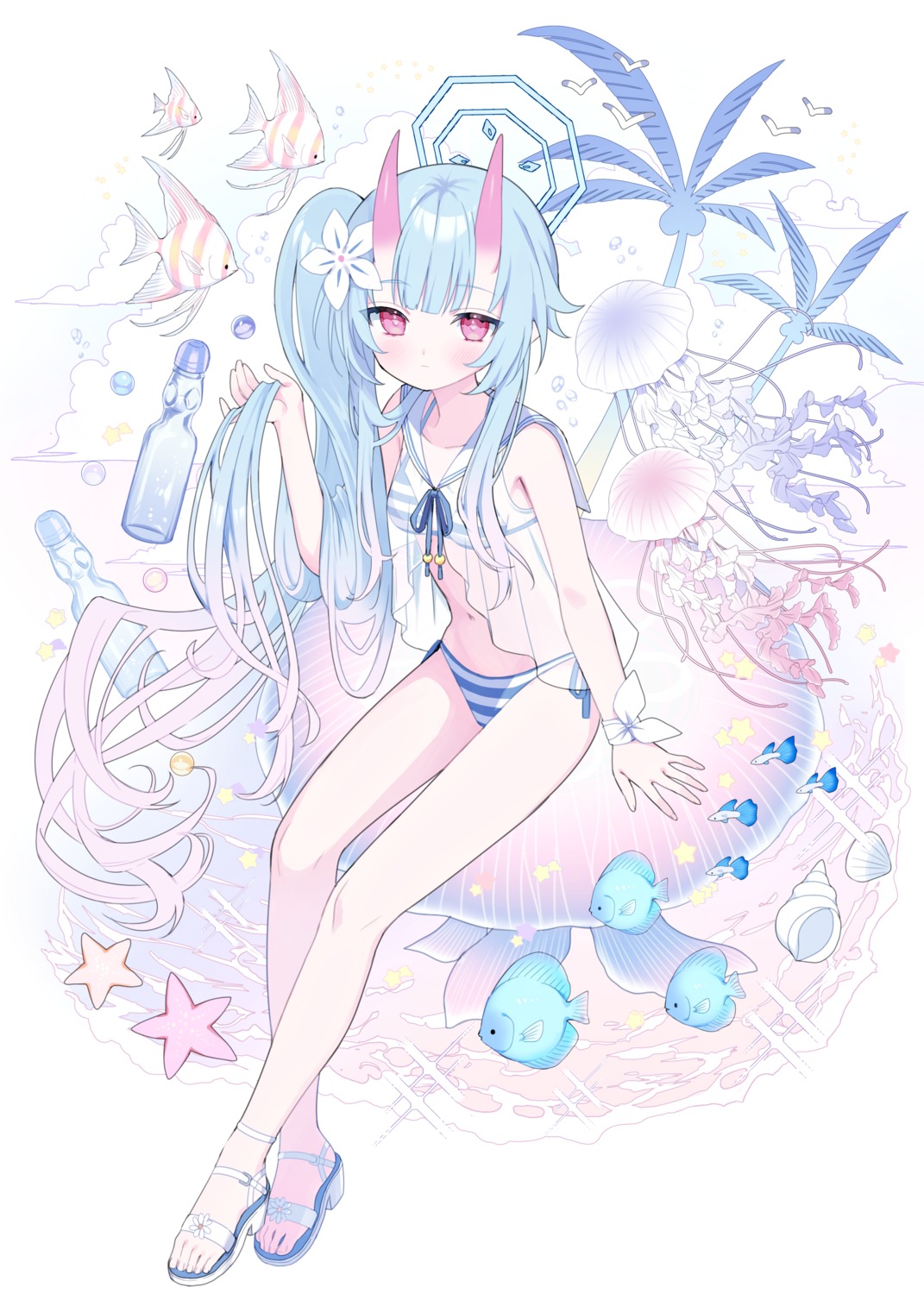 bikini, blue_archive, halo, horns, nehan_(gedatsu_nehan), see_through, swimsuits, waraku_chise