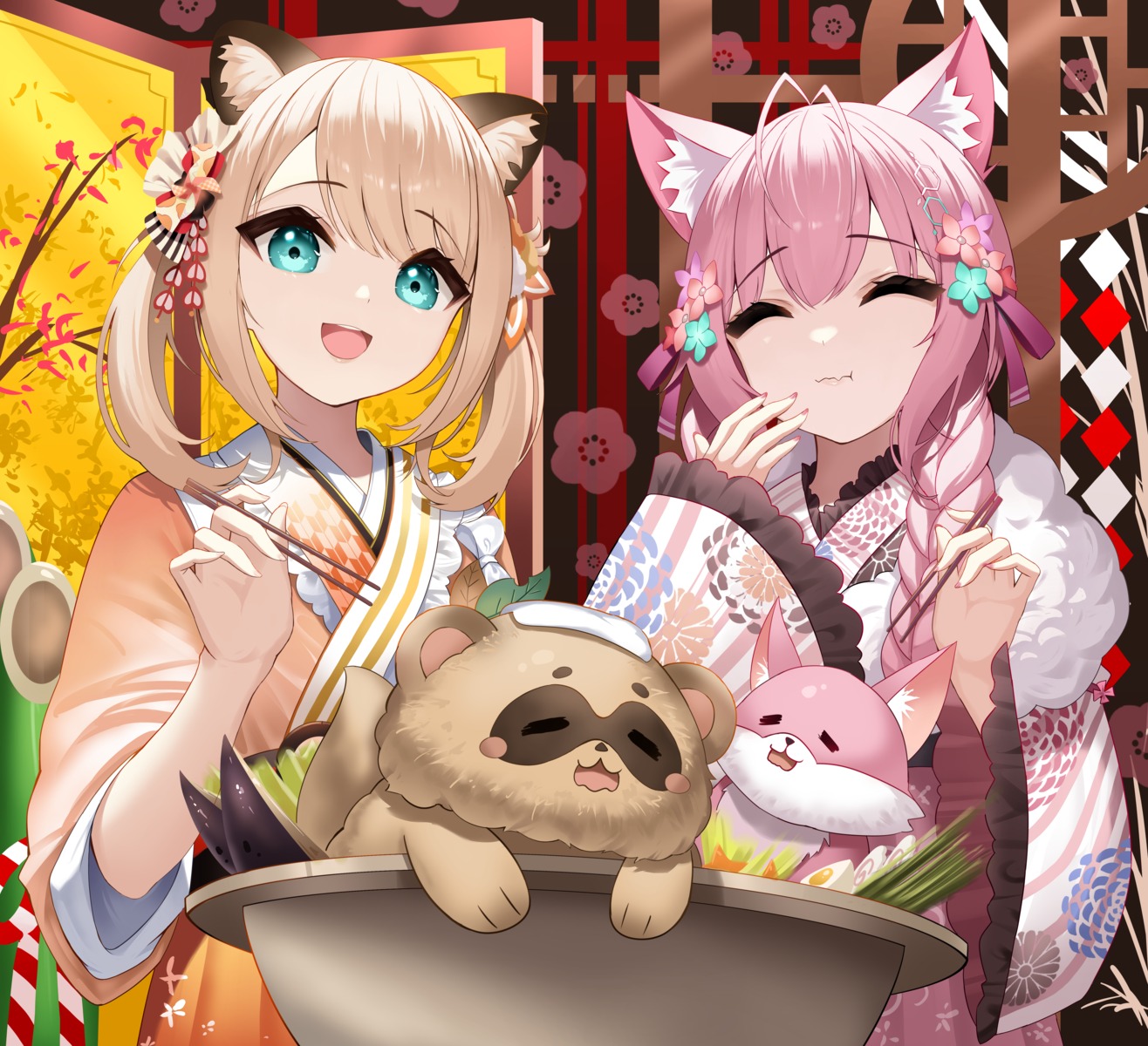 animal_ears, hakui_koyori, hololive, kazama_iroha, kimono, kokoro_(hakui_ch.), pokobee, roina