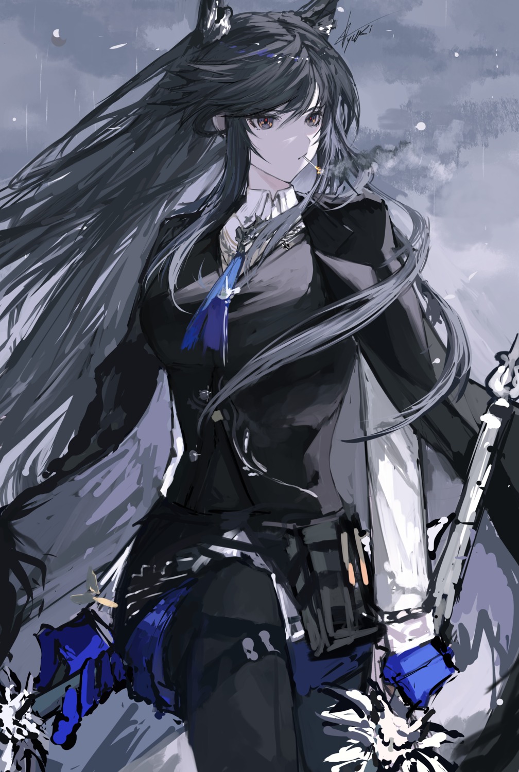 animal_ears, arknights, pantyhose, sketch, smoking, sword, texas_(arknights), yuki_flourish