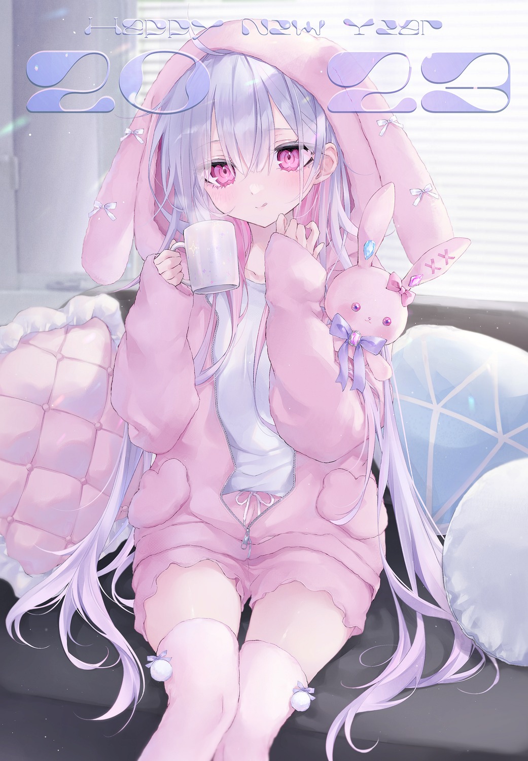 animal_ears, bunny_ears, hoju_rura, indie_virtual_youtuber, pajama, si10ra, thighhighs