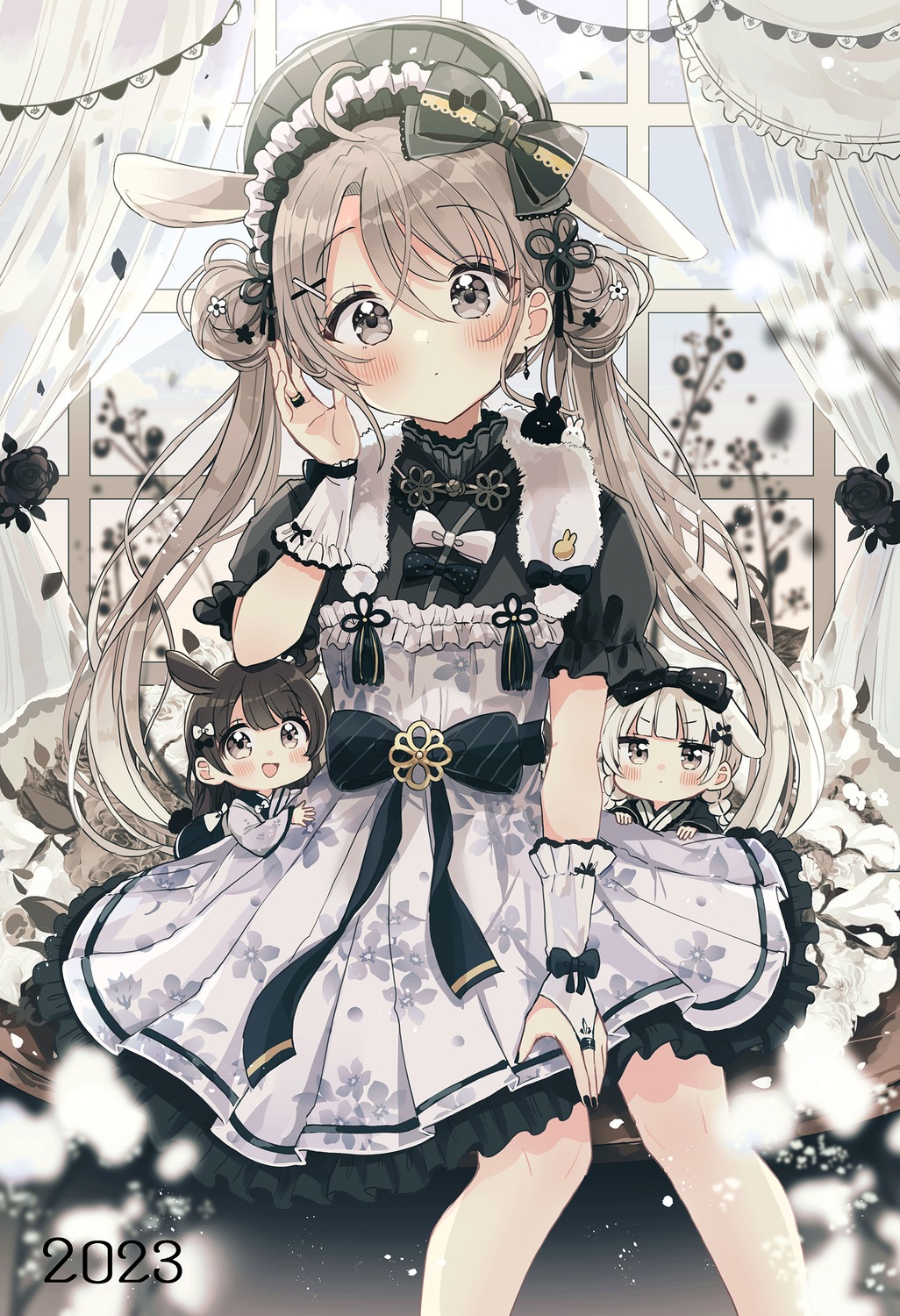animal_ears, bunny_ears, chibi, dress, gothic_lolita, lolita_fashion, sakura_oriko, wa_lolita