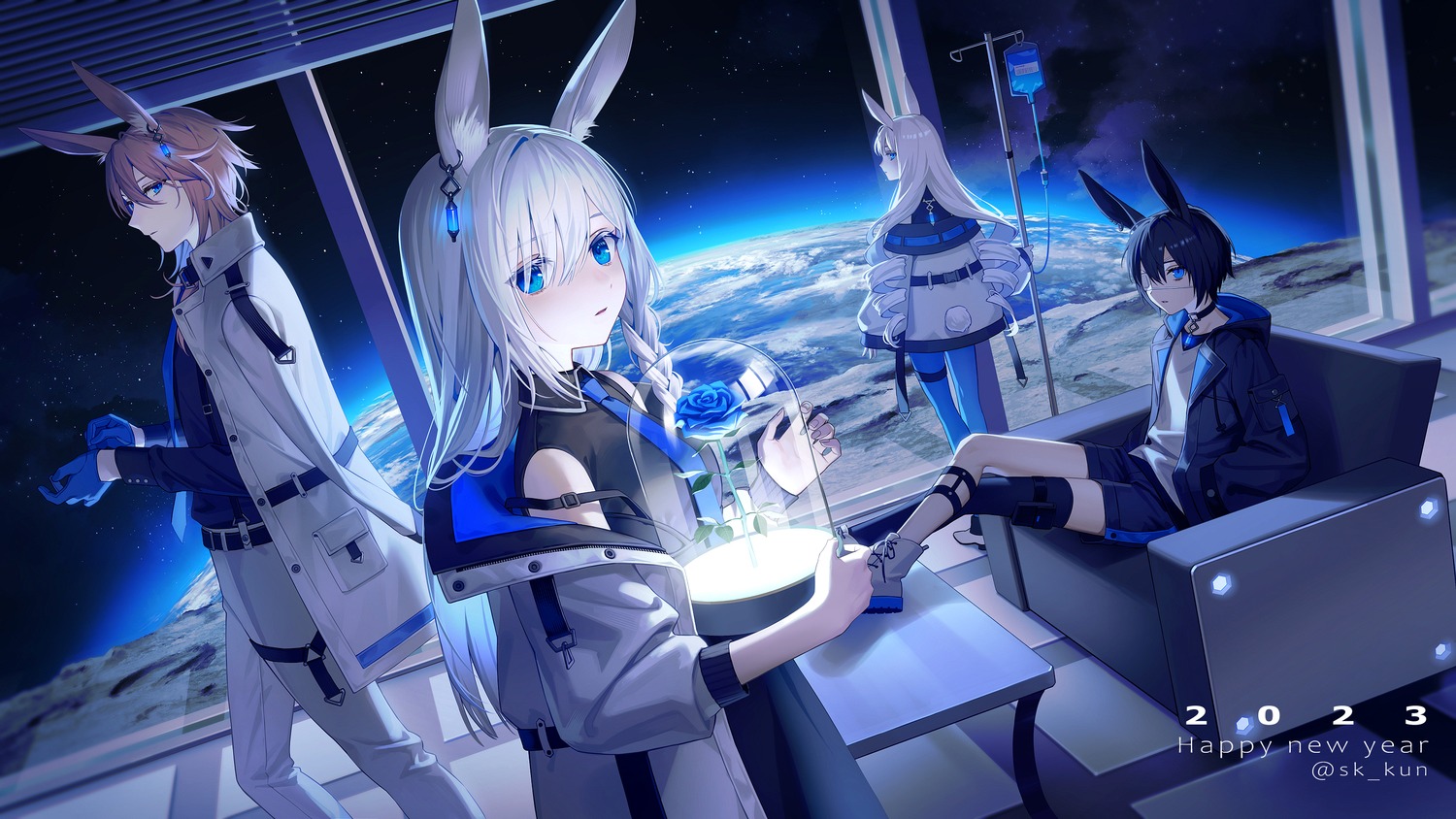 animal_ears, bunny_ears, esukee, eyepatch, garter, pantyhose, thighhighs