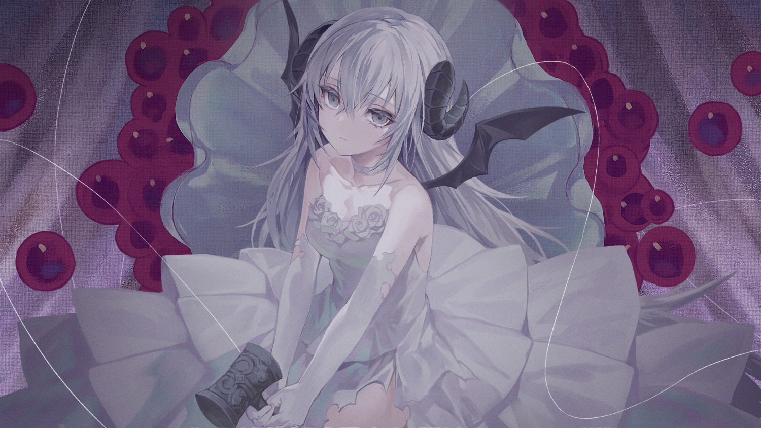 dress, horns, indie_virtual_youtuber, kiriyama2109, mada_asumosu, no_bra, torn_clothes, weapon, wings