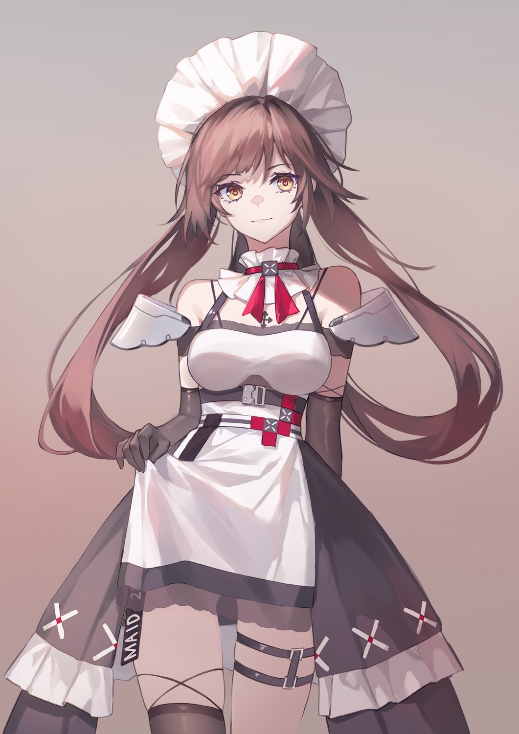 annabella_(tower_of_fantasy), garter, kirby_d_a, maid, skirt_lift, thighhighs, tower_of_fantasy