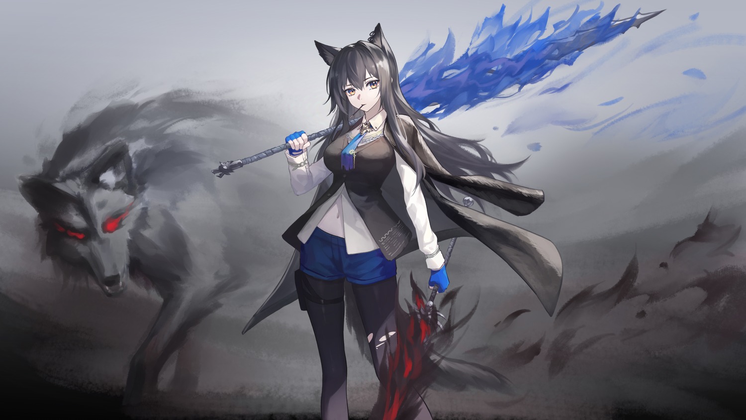 animal_ears, arknights, garter, kirby_d_a, pantyhose, sword, tail, texas_(arknights)
