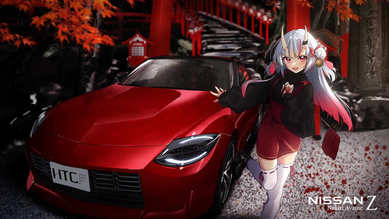 hololive, horns, nakiri_ayame, sweater, thighhighs, wallpaper, you'a