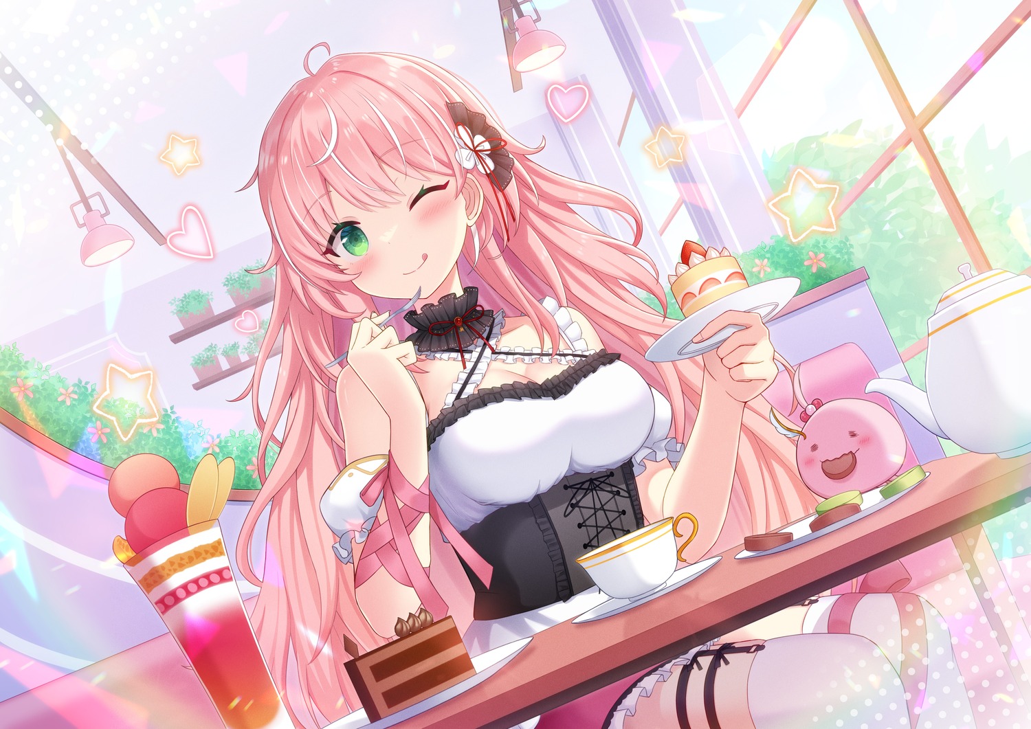 cleavage, dress, garter, indie_virtual_youtuber, lumina_arcia, no_bra, shuuichi_(gothics), stockings